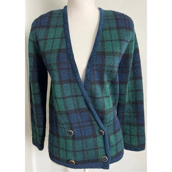 Pendleton • Navy Green Plaid Wool Blazer Sweater Cardigan Vintage - Picture 1 of 4